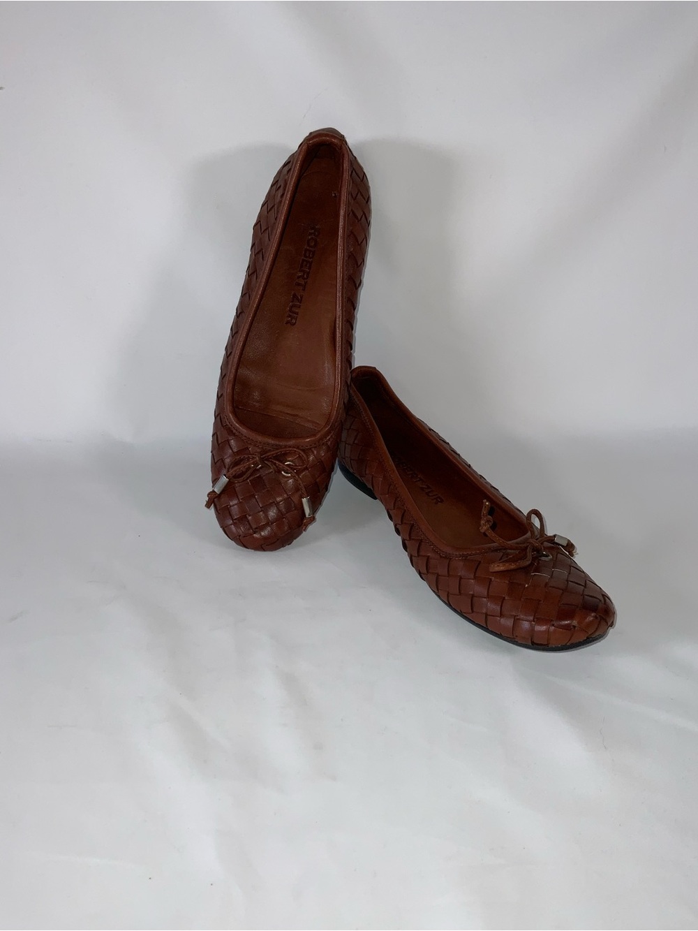 Robert Zur Brown Woven Leather Ballet Flats with Bow